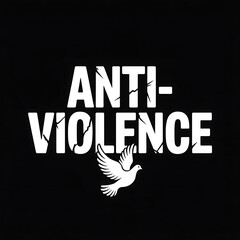 A vector graphic on a stark black background depicting the words "anti-violence" in bold, sans-serif white lettering. The lettering is subtly distressed, with a few cracks and imperfections hinting