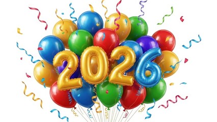 New Year 2026 celebration with golden number balloons, colorful party balloons and confetti isolated PNG with Transparent Background