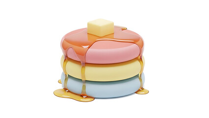 Colorful pancakes stacked with syrup and butter on top, served hot