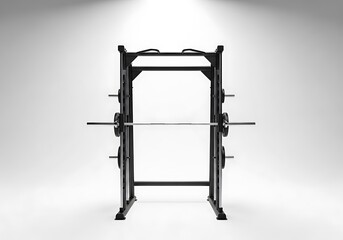 Black metal power rack for strength training exercises in a studio setting