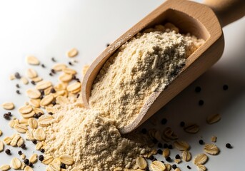 Wooden scoop overflowing with protein powder, rolled oats, and dark peppercorns on a white background.