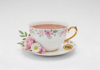 An elegant teacup and saucer with pink floral pattern and gold handle on white background