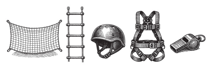 A collection of essential safety gear including a net, rope ladder, helmet, harness, and whistle, depicted in a classic vintage engraving style on a white background.