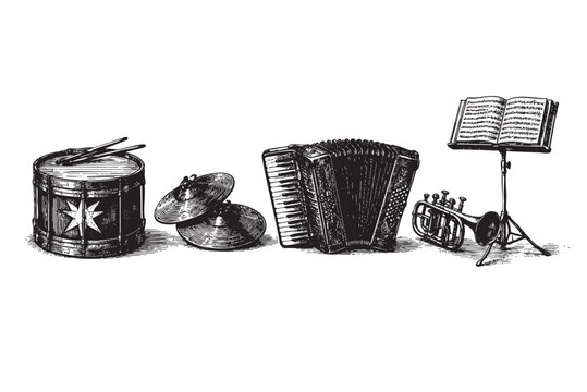 A vintage illustration showcases a collection of musical instruments including a drum, cymbals, accordion, trumpet, and sheet music on a stand, presented in a classic black and white etching style.