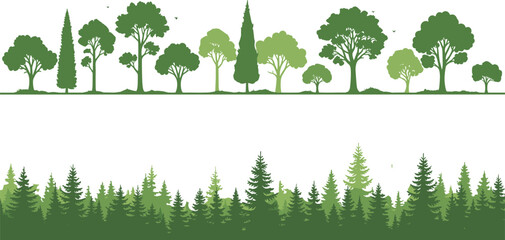 Green forest tree silhouettes and coniferous pine woodland borders set, nature landscape elements for eco friendly design, organic timber vector icons (20 words) © MdSar