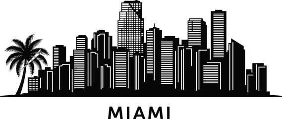Miami city skyline silhouette vector illustration, modern urban skyscrapers, tropical palm tree, black white cityscape, travel architecture icon design artwork © MdSar