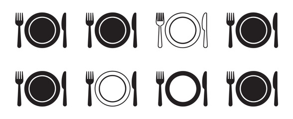 plate knife fork icons set restaurant dish meal cutlery vector illustration graphic