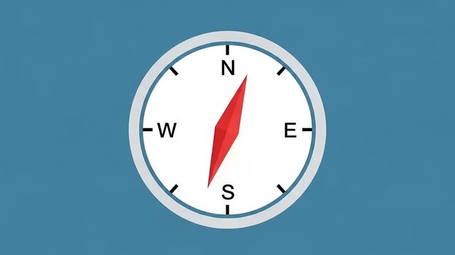 A simple graphic illustration of a white compass with a red needle pointing north-east on a solid blue background.
