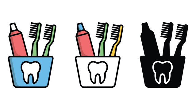 Toothbrushes and toothpaste in a holder with a tooth graphic.