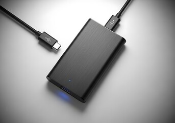 Close-up shot of a black external solid-state drive connected with a usb-c cable on a light background