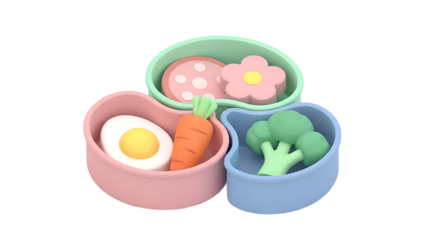 Colorful bowls of food including egg, carrot, broccoli and pink cake with flower on top (146)_no-bg