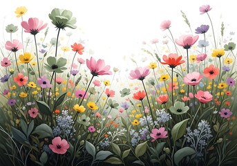 Colorful wildflowers create a beautiful and cheerful spring meadow illustration