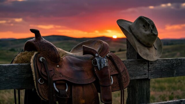 Western saddle and classic cowboy hat with a revolver in a holster hanging on a wooden fence, silhouetted against a vibrant orange and purple sunset sky over a rural landscape