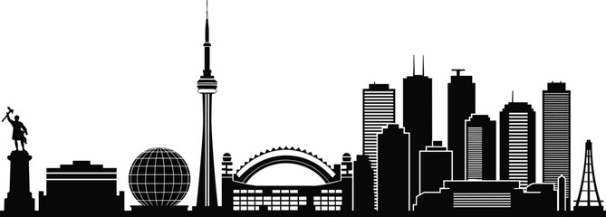 Obraz premium Toronto skyline silhouette, CN Tower, Rogers Centre, black and white cityscape, iconic buildings, urban landmark, minimalist vector, Canada architecture