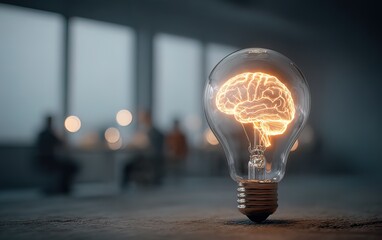 Creativity brainstorming concept with a glowing light bulb with a brain inside with workers blurred in background working for new ideas. High quality. High quality