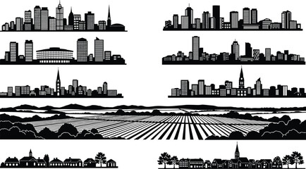Obraz premium Urban skyline silhouettes, rural landscape vector, cityscape illustration, village scene, architectural contrast, black and white buildings, countryside, church, trees, hills