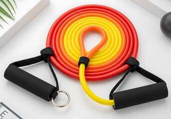 A vibrant red and yellow coiled resistance band with black handles for home fitness exercises.