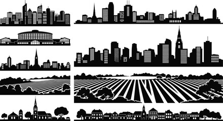 Obraz premium Urban skyline, rural farmland, suburban village, cityscape silhouettes, architectural diversity, black and white illustration, environment contrast, landscape types, Adobe Stock