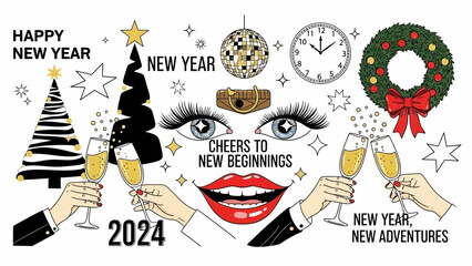 New Year's Eve 2024 illustration with champagne, clock, wreath, and festive elements.