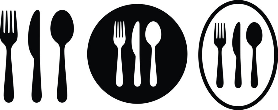 A collection of three stylized icons representing cutlery with fork, knife, and spoon silhouettes