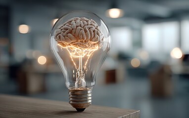 Creativity brainstorming concept with a glowing light bulb with a brain inside with workers blurred in background working for new ideas. High quality. High quality