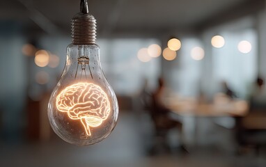 Creativity brainstorming concept with a glowing light bulb with a brain inside with workers blurred in background working for new ideas. High quality. High quality
