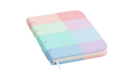 A pastel-colored planner book lies open on a white background with a colorful checkered cover.