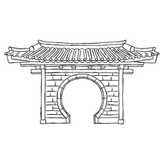 Hand drawn Chinese moon gate architectural illustration in line art