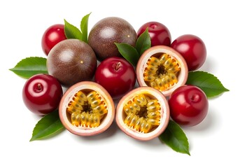 A colorful arrangement of fresh passion fruits and vibrant red plums with green leaves