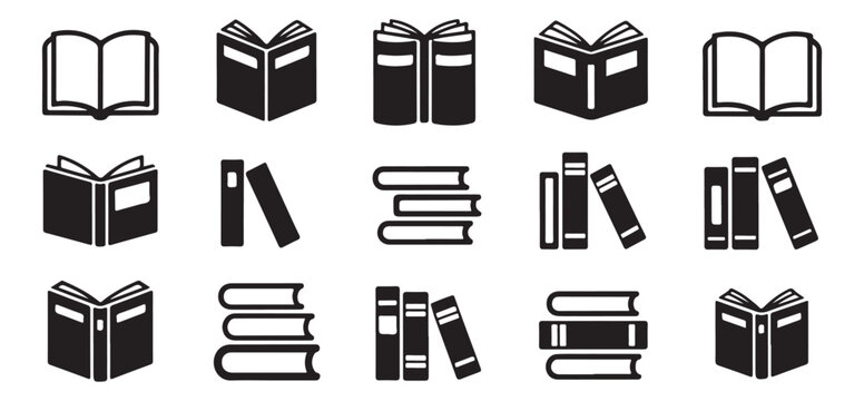 Collection of simple black and white book icons in various configurations, including open, closed, and stacked