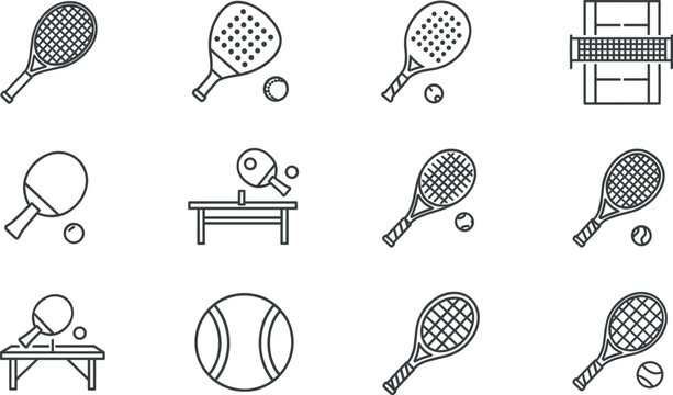 Set of thin line racket sports icons isolated on white background featuring tennis rackets paddle bats table tennis ping pong and court symbols