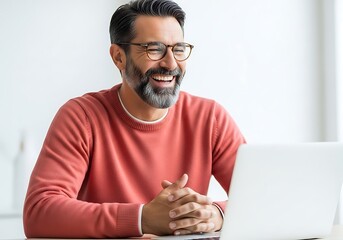 Happy middle aged man smiling while looking at laptop
