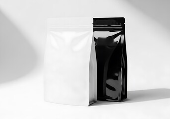 Two blank stand-up pouches in black and white colors for product presentation