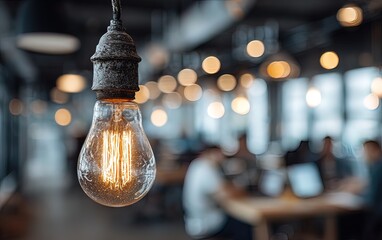 Modern office with an Edison bulb and blurred people for a teamwork concept. High quality. High quality. High quality