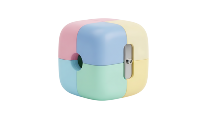 A pastel-colored cube with a metal plate on the side is displayed on a white background.