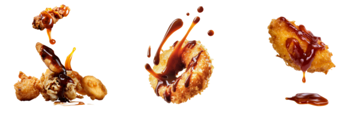Delicious fried snacks with saucy drizzles studio setting food photography transparent background
