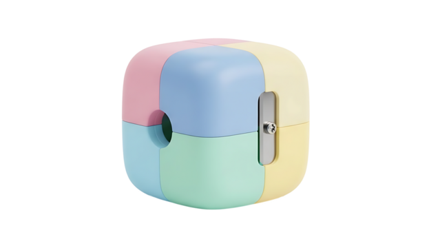 A pastel-colored cube with a metal plate on the side is displayed on a white background. - Powered by Adobe