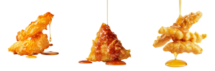 Delicious fried chicken drizzled with honey studio photography transparent background white