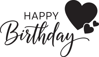 Black happy birthday text with hearts on isolated