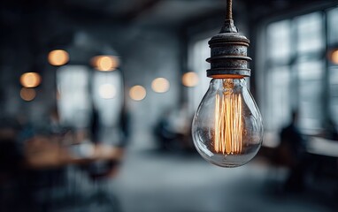 Modern office with an Edison bulb and blurred people for a teamwork concept. High quality. High quality. High quality