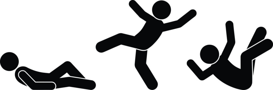 Different stages of a falling stick figure, illustrating a tumble to the ground