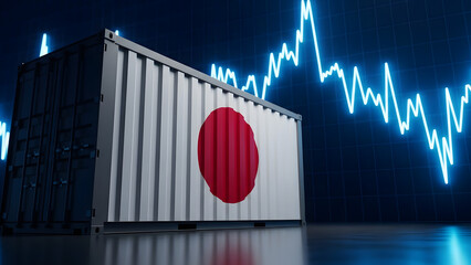 Japanese trade and economic fluctuations illustrated with shipping container and financial graph