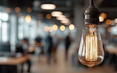 Modern office with an Edison bulb and blurred people for a teamwork concept. High quality. High quality. High quality