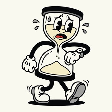 Retro Cartoon Hourglass Rushing and Stressed by Deadline