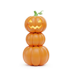Obraz premium Stack of three orange pumpkins with a carved face on top against a white background