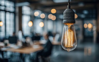 Modern office with an Edison bulb and blurred people for a teamwork concept. High quality. High quality. High quality