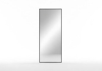A minimalist rectangular full-length mirror with a sleek black frame on a white background