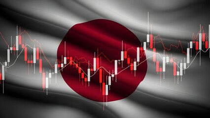 Japan's stock market volatility depicted with candlestick charts and national flag background