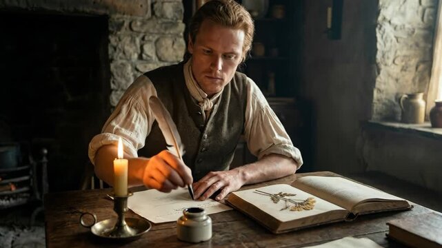 Man in period clothing writing with a feather quill and ink pot on a wooden desk, illuminated by the glow of a candle, surrounded by historical artifacts
