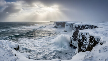 Dramatic winter seascape with powerful ocean waves crashing against snow covered cliffs under a cloudy sky with sun rays breaking through creating a striking contrast of light and shadow